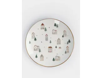 Тарелка закусочная, 19 см, фарфор N, бело-золотистая, Домики и ели, Townlet