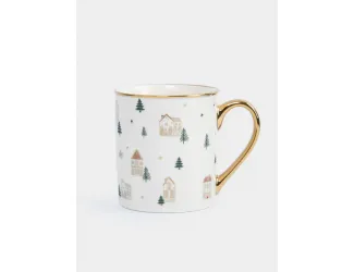 Кружка, 300 мл, фарфор N, бело-золотистая, Домики и ели, Townlet