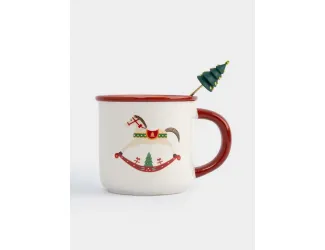 Кружка, 470 мл, с ложкой, керамика D/сталь, красная, Елка/Лошадка-качалка, Bright horse