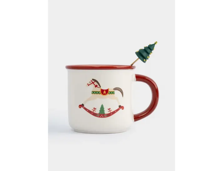 Кружка 470 мл с ложкой красная Елка/Лошадка-качалка Anna Lafarg Bright horse