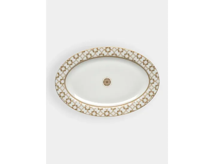 Блюдо 36x24 см овальное бело-синее Круги и квадраты с золотистым кантом Pozzi Milano Deco
