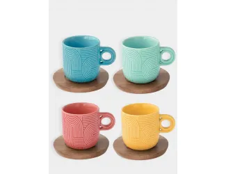 Набор чашек, 4 шт, 0.11 л, мятный, морская волна, красный, жёлтый, на подставке, акация,  Радуга