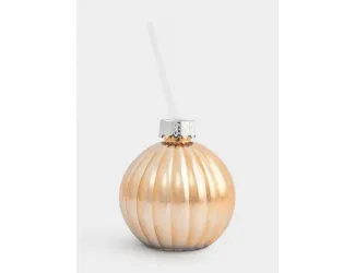 Банка для напитков, 380 мл, с крышкой и трубочкой, стекло, золотистая, Шар, New year