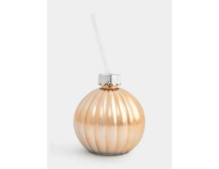 Банка для напитков 380 мл с крышкой и трубочкой золотистая Anna Lafarg Шар New year