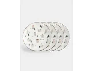 Тарелка закусочная, 19 см, 4 шт, фарфор N, бело-золотистая, Домики и ели, Townlet