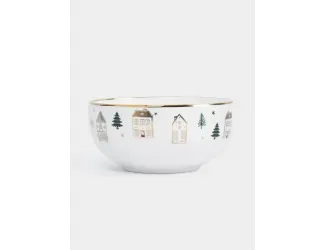Пиала, 14x7 см, фарфор N, бело-золотистая, Домики и ели, Townlet