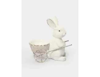 Подставка для яйца, 12 см, полирезин, молочная, Кролик с тележкой, Easter