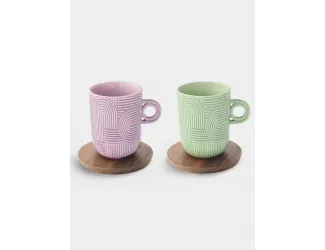 Набор кружек, 2 шт, 0.35 л, сиреневый, зелёный, на подставке, акация,  Радуга