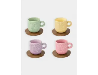 Набор чашек, 4 шт, 0.11 л, сиреневый, зелёный, розовый, св. жёлтый, на подставке, акация,  Радуга