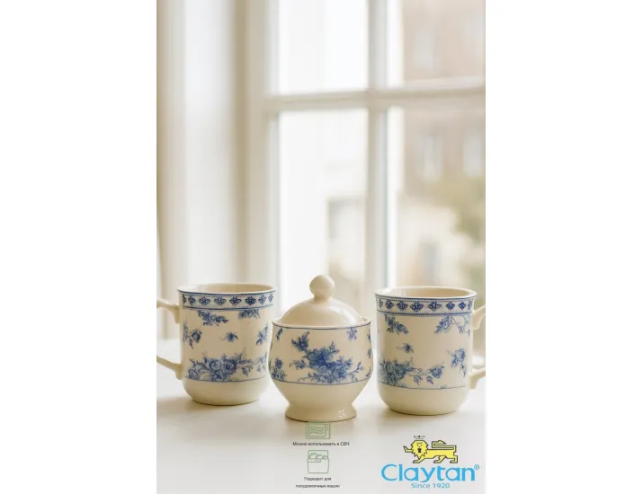 Набор из двух кружек с сахарницей 3 предмета Rose cluster blue Claytan 1809
