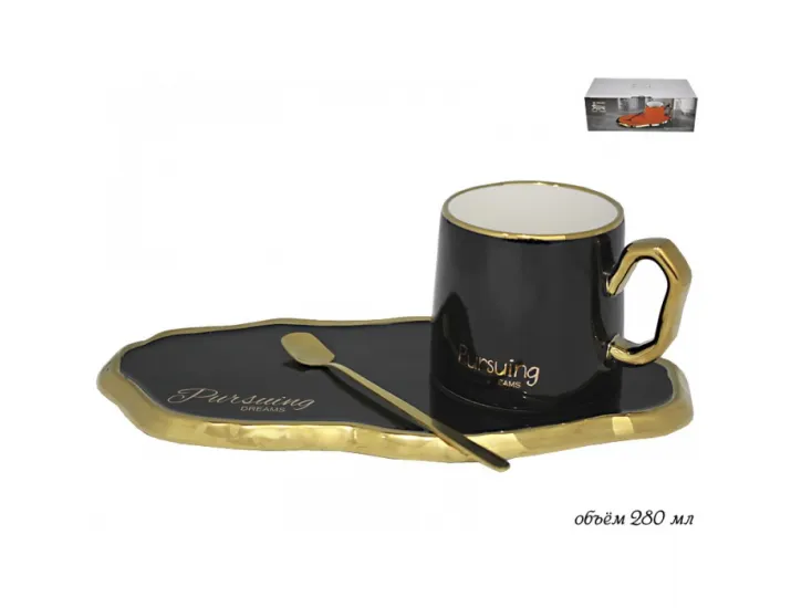 Чайная пара "Сочиняй мечты" с ложкой 280мл Lenardi чёрный 106-082