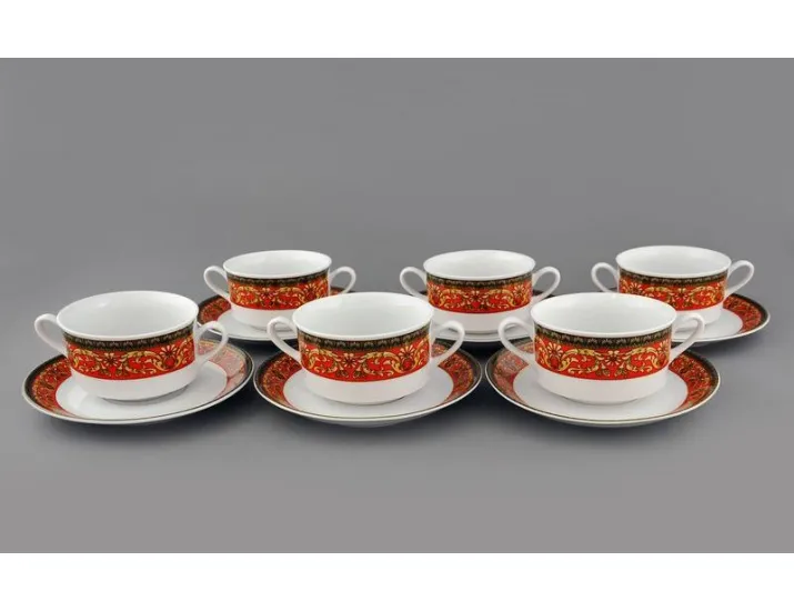 Набор чашек для супа 6 шт с блюдцами 300мл Leander Сабина Красна лента (Версаче) декор B979