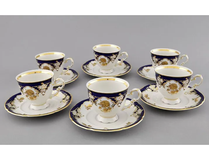 Набор кофейных пар 0,15л на 6 персон 12 предметов Leander Соната Золотая роза, кобальт декор 1457 07160414-1457