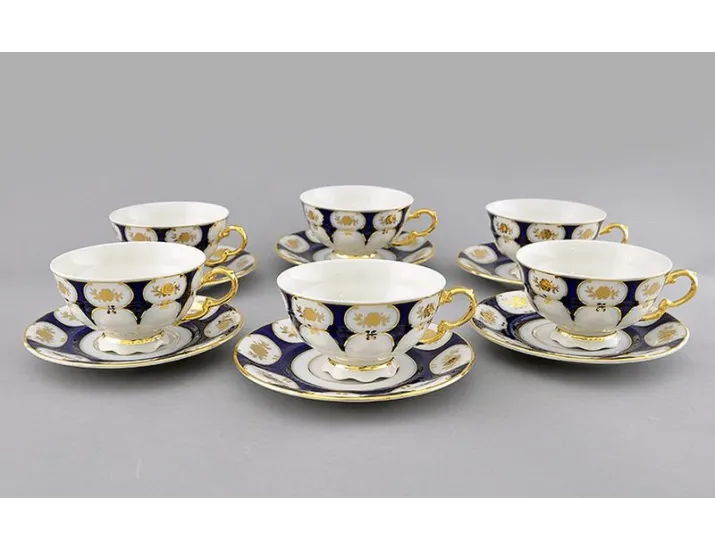 Набор чайных пар 6шт 200мл Leander Соната Золотой цветок кобальт декор 0443 07160425-0443