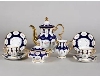 Сервиз кофейный мокко 15 предметов 6 персон Leander Соната Розовый цветок кобальт декор 0419