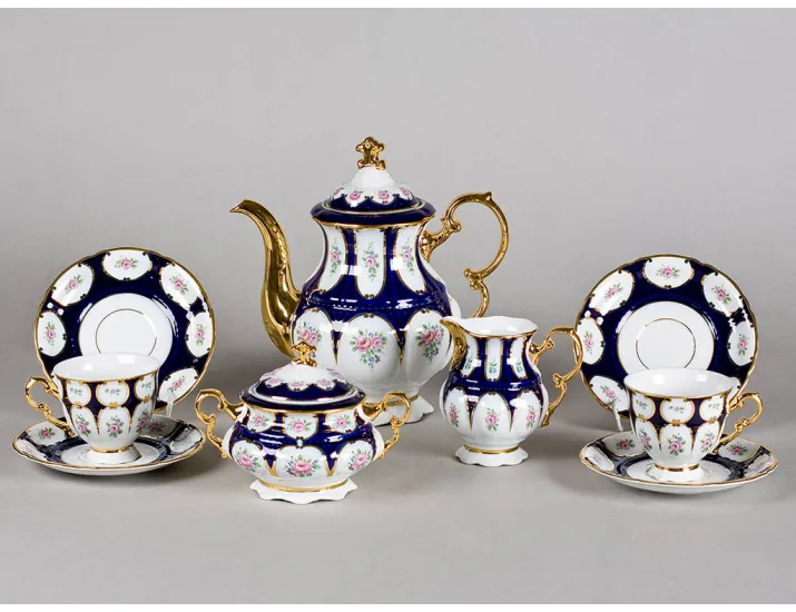 Сервиз кофейный мокко 15 предметов 6 персон Leander Соната Розовый цветок кобальт декор 0419