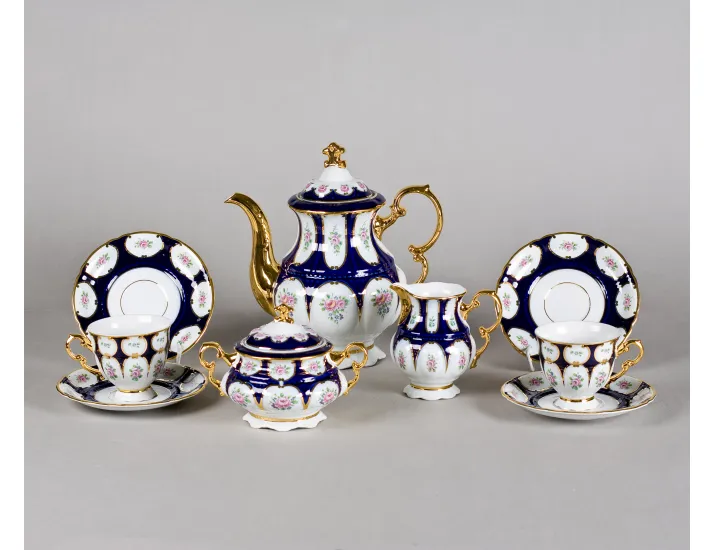 Сервиз кофейный 15 предметов 6 персон 0,15л Leander Соната Розовый цветок кобальт декор 0419