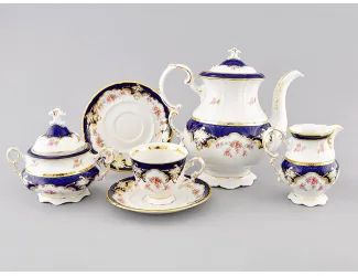 Сервиз кофейный 15 предметов 6 персон 0,15л Leander Соната Бледные цветы, кобальт декор 1257