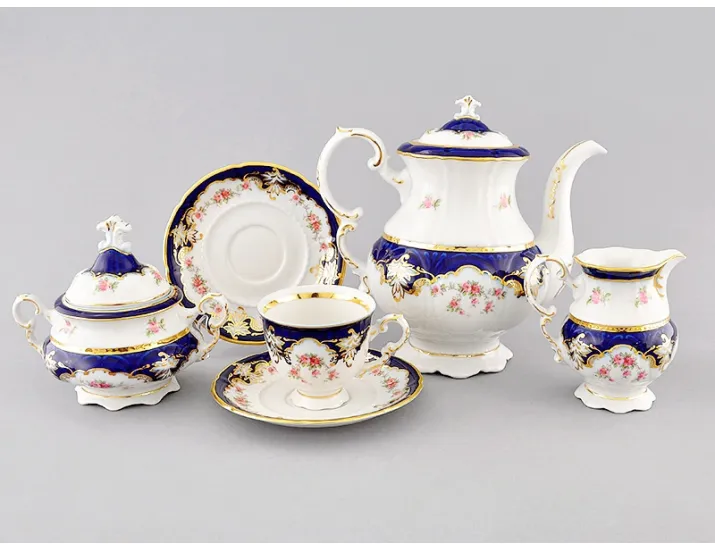 Сервиз кофейный 15 предметов 6 персон 0,15л Leander Соната Бледные цветы, кобальт декор 1257