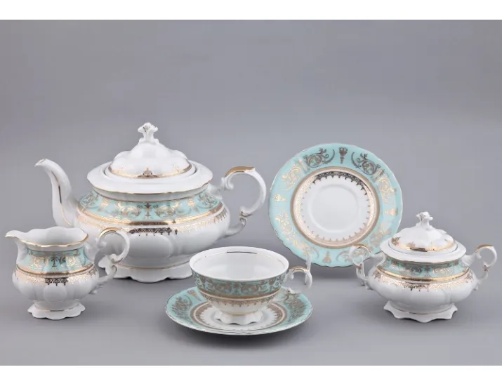 Сервиз чайный Rudolf Kampf Национальные традиции 15 предметов 6 персон декор 238B, бирюзовый