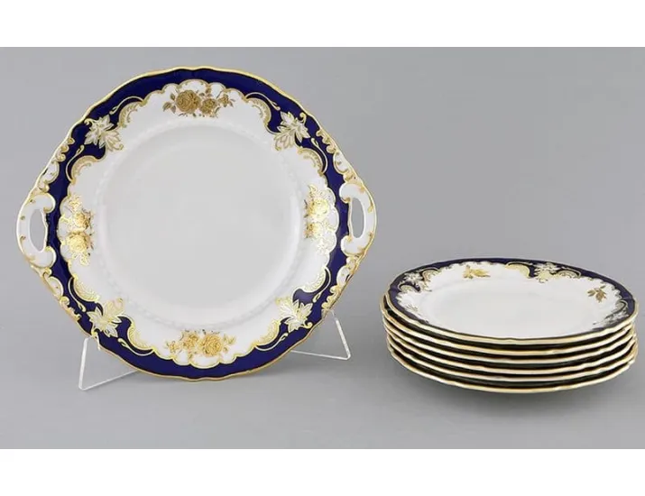 Сервиз для торта 7предметов с тарелками 19см Leander Соната Золотая роза кобальт декор 1457 07161019-1457