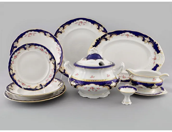 Сервиз столовый 43 предметов 12 персон Leander Соната Бледные цветы, кобальт 1257