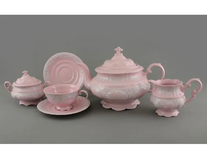 Сервиз чайный 15 предметов 6 персон Leander Соната Розовый фарфор декор 3002 серый узор 07260725-3002
