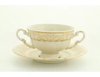 Чашка для супа с блюдцем (бульонница) 350мл Leander Соната Золотой орнамент декор 1373 слоновая кость