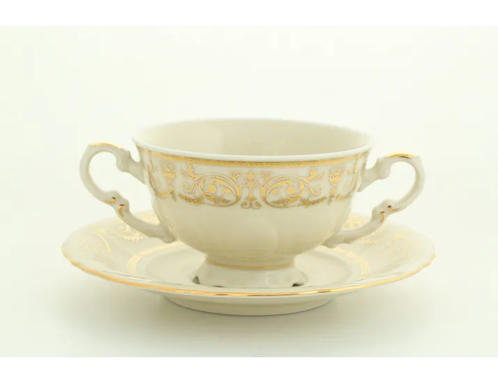 Чашка для супа с блюдцем (бульонница) 350мл Leander Соната Золотой орнамент декор 1373 слоновая кость