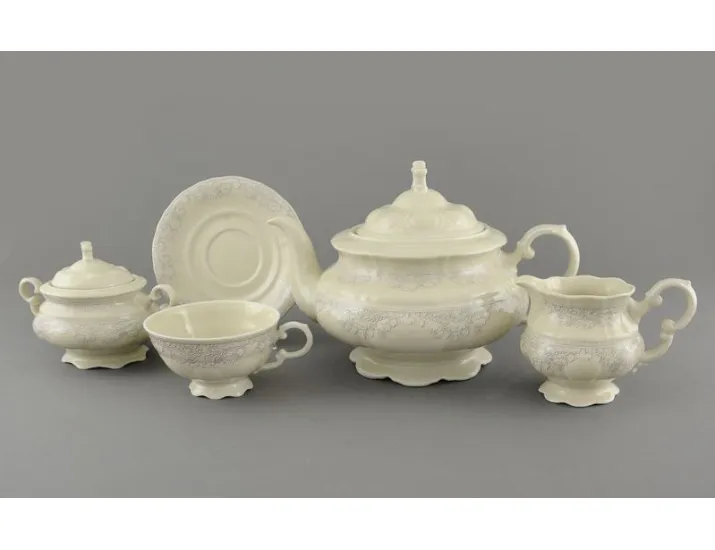 Сервиз чайный 15 предметов 6 персон Leander Соната декор 3002 Серый узор слоновая кость 07560725-3002