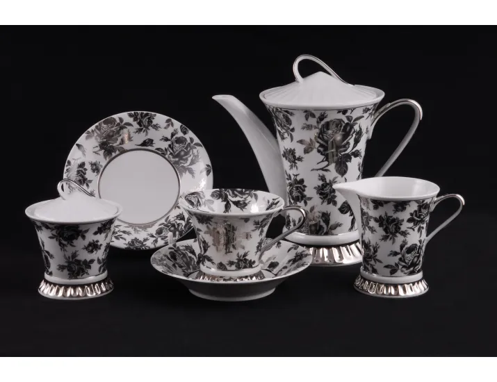Сервиз чайный 15 предметов 6 персон Leander Светлана Черная роза отводка платина 57160725-2202