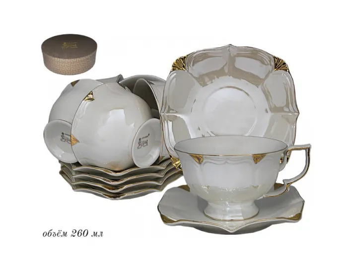 Набор чайных пар на 6 персон 12 предметов 260мл Lenardi Перламутр белый