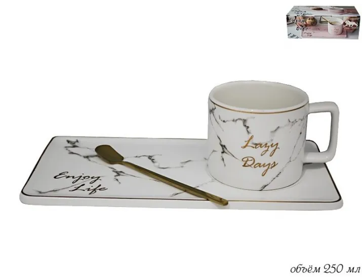 Чайная пара с ложкой 250мл Lenardi Lazy days белый 106-019