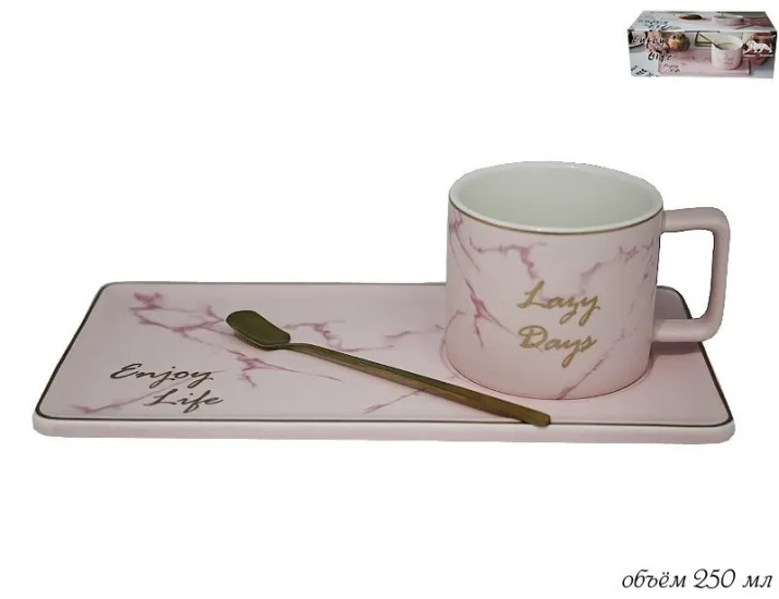 Чайная пара с ложкой 250мл Lenardi Lazy days розовый 106-020