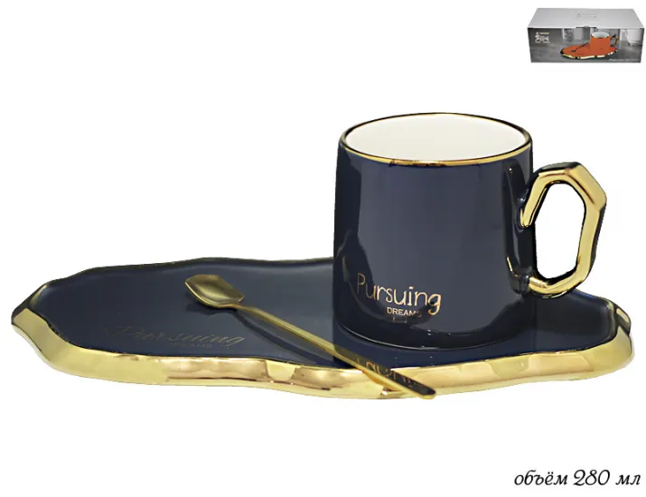 Чайная пара "Сочиняй мечты" с ложкой 280мл Lenardi синяя 106-079