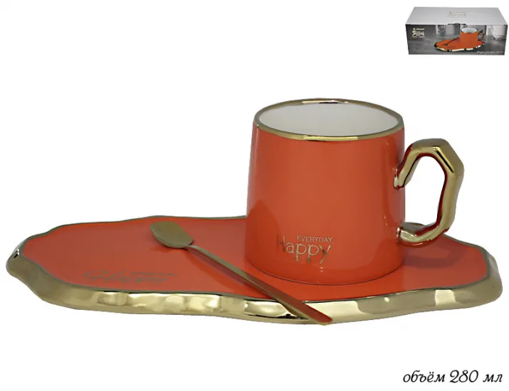 Чайная пара с ложкой 280мл Lenardi оранжевый 106-080