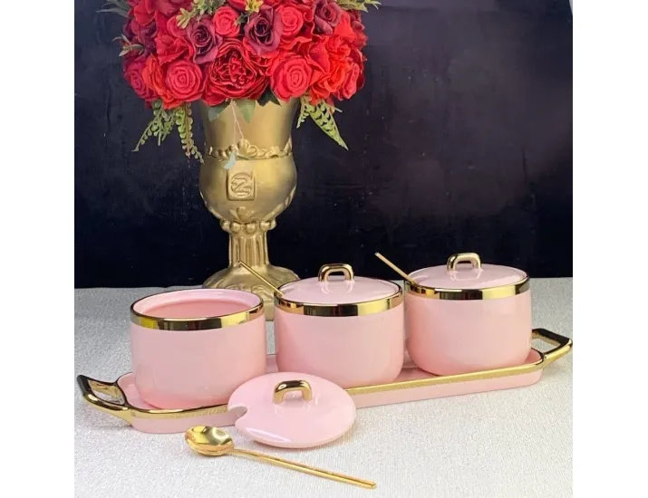 Набор из 3 банок 260 мл с ложками на подставке Lenardi 106-183 розовый