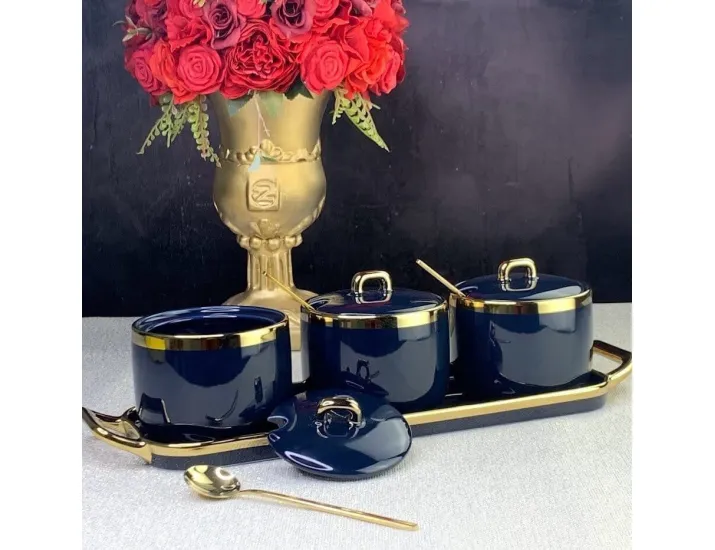 Набор из 3 банок 260 мл с ложками на подставке Lenardi 106-184 синий