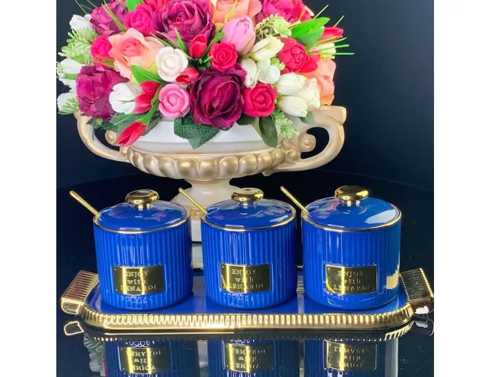 Набор из 3 банок 260 мл с ложками на подставке Lenardi 106-220 синий