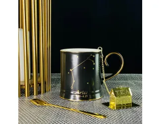 Кружка 360мл с ложкой и фильтром Lenardi 106-290 чёрная Овен