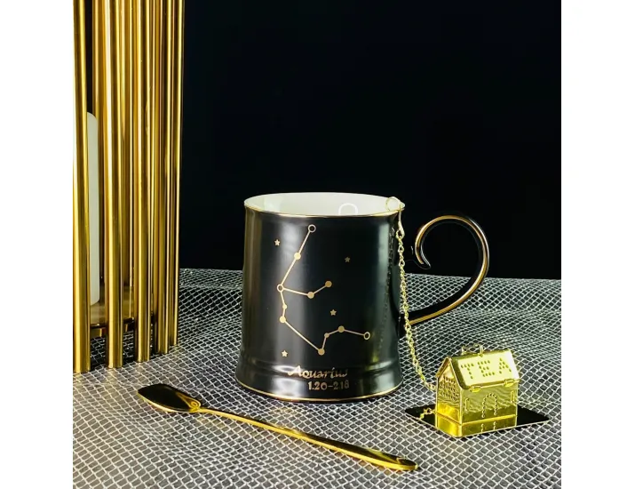 Кружка 360мл с ложкой и фильтром Lenardi 106-300 чёрная Водолей