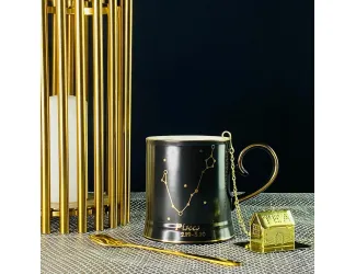 Кружка 360мл с ложкой и фильтром Lenardi 106-301 чёрная Рыбы