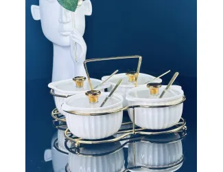 Набор из 4 баночек 150 мл для специй с ложками на подставке Lenardi 106-317 белый