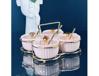 Набор из 4 баночек 150 мл для специй с ложками на подставке Lenardi 106-318 розовый