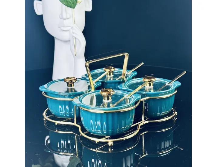 Набор из 4 баночек 150 мл для специй с ложками на подставке Lenardi 106-320 синий