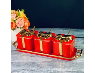 Набор из 3 баночек 350 мл с ложками на подставке Lenardi 106-338 красный