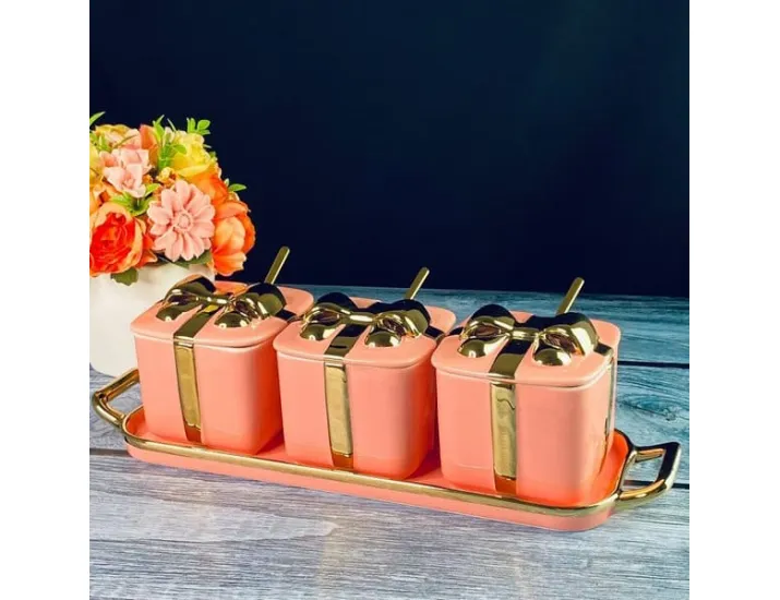 Набор из 3 баночек 350 мл с ложками на подставке Lenardi 106-339 розовый