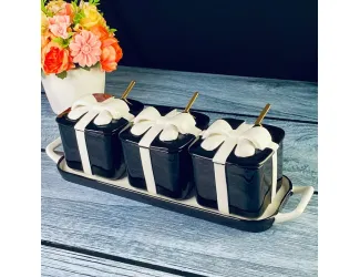 Набор из 3 баночек 350 мл с ложками на подставке Lenardi 106-345 чёрный