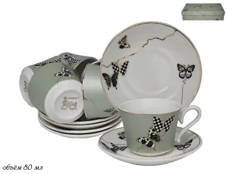 Набор кофейных пар на 6 персон 12 предметов Lenardi Butterfly салатовый 133-097