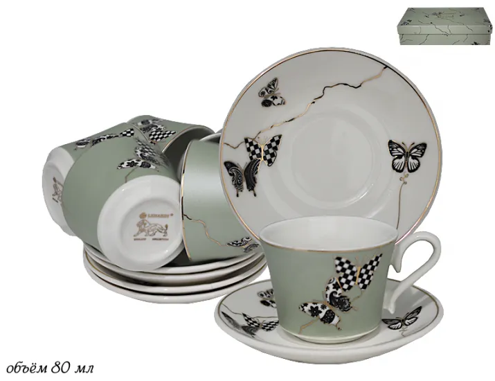 Набор кофейных пар на 6 персон 12 предметов Lenardi Butterfly салатовый 133-097